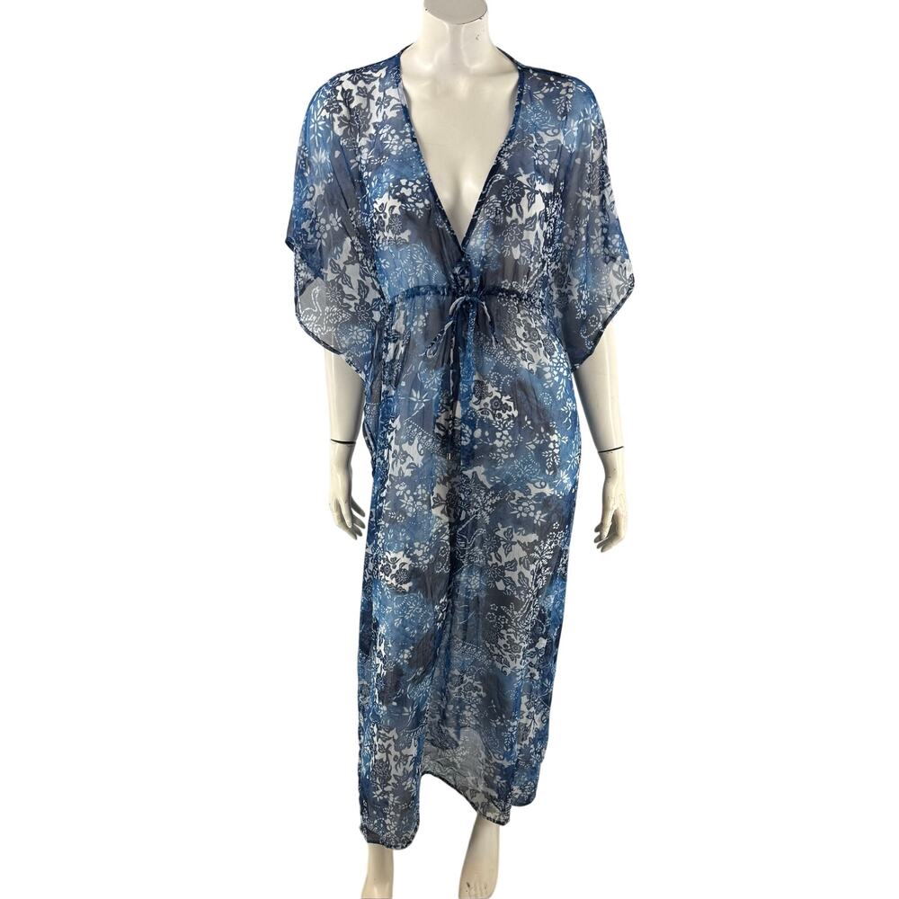 LRL Ralph Lauren Swim Cover Up Maxi Dress Large Blue White Kimono Sleeve NEW